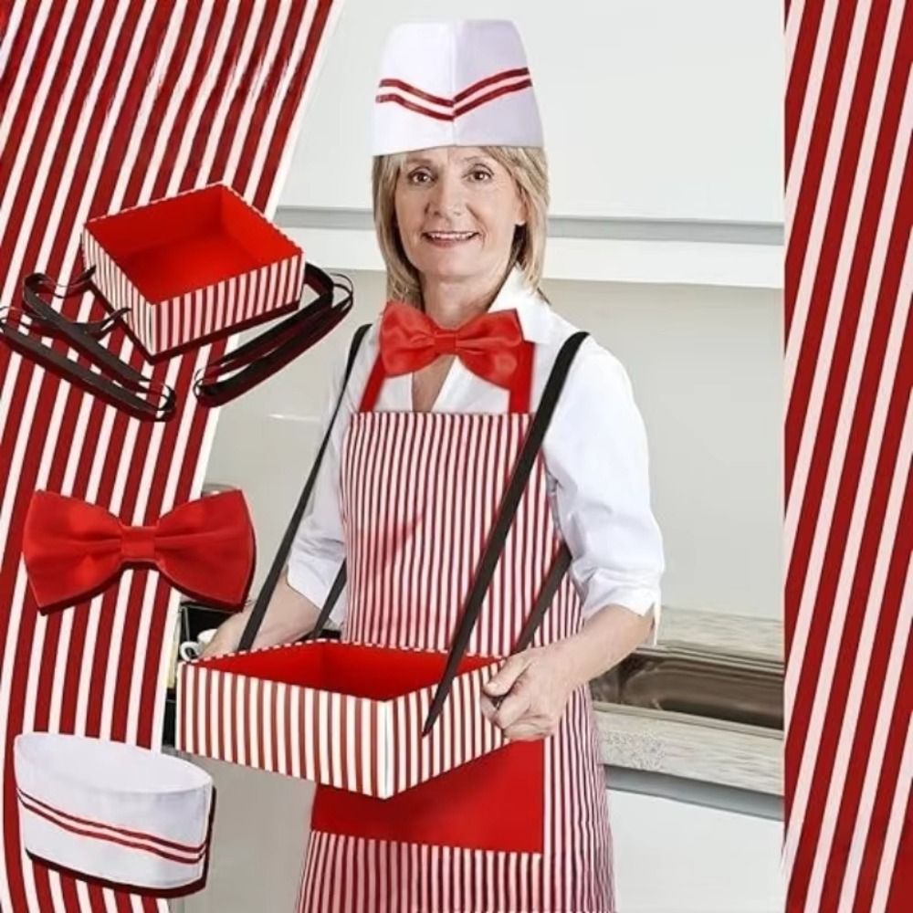 Women Kitchen Accessories - คาร์นิวัล ซีร์คัส เสื้อคลุมเชฟพร้อมหมวก ลายทางสีแดงและสีขาว ชุดคอสเพลย์ธีมปาร์ตี้ ชุดยูนิฟอร์มครัวสำหรับผู้หญิงและผู้ชาย