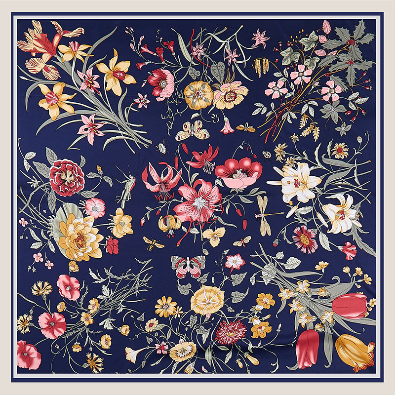 Silk Scarf Square - POBING ผ้าไหมผ้าพันคอผู้หญิงดอกไม้พิมพ์ผ้าพันคอสแควร์ขนาดใหญ่ผ้าพันคอหรูหรา Kerchief ฮิญาบผ้าพันคอหญิง Foulards 130