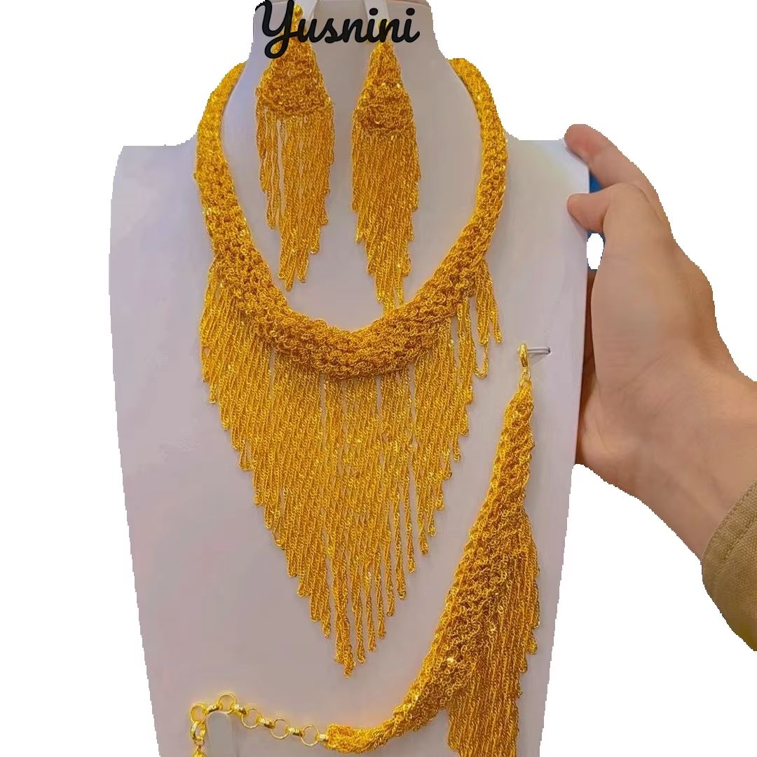 Women Accessories Dubai - ใหม่ดูไบ 24K ชุบทองเจ้าสาวงานแต่งงานเครื่องประดับสร้อยคอต่างหูสร้อยข้อมือผู้หญิงอุปกรณ์เสริมชุดเครื่องประดับ Popodion YY1043