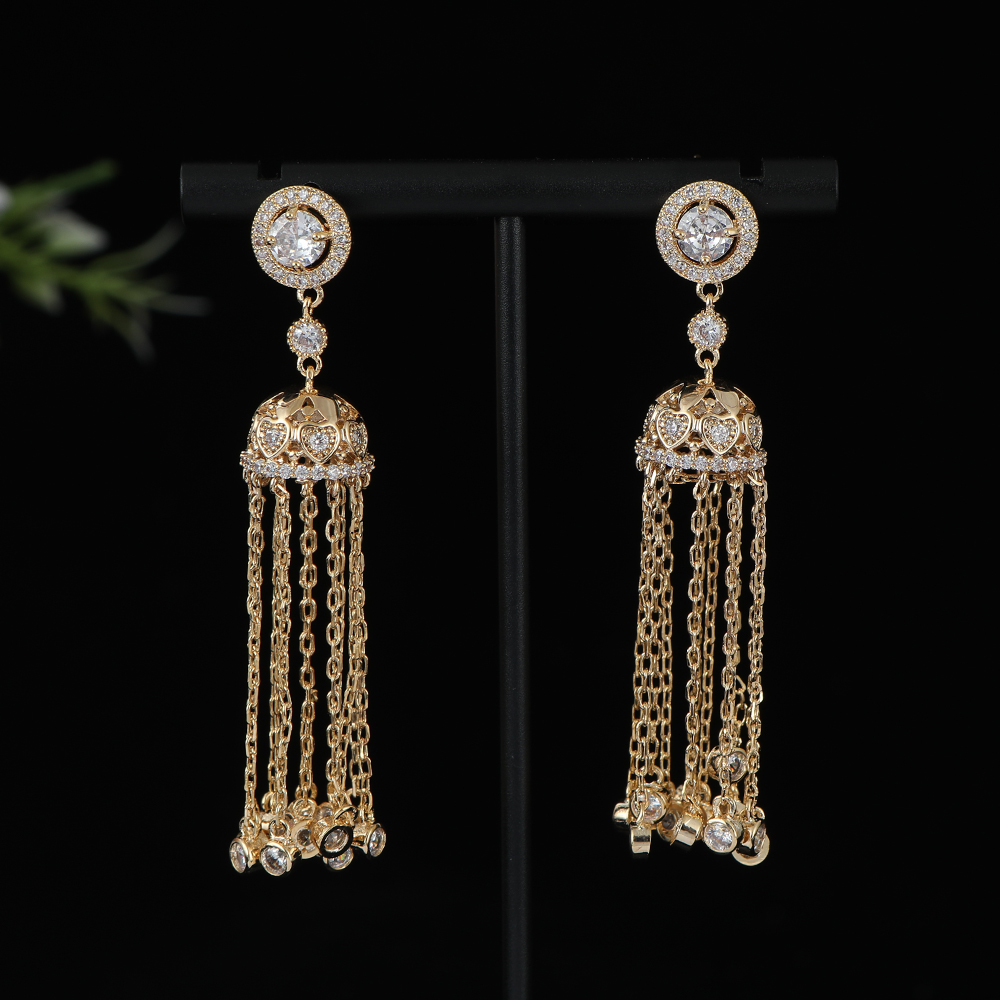 Women Accessories Dubai - ยาวเรขาคณิตรอบยาวพู่ต่างหูสําหรับงานแต่งงานของผู้หญิงCubic Zirconia CZดูไบเจ้าสาวต่างหูเครื่องประดับE1189